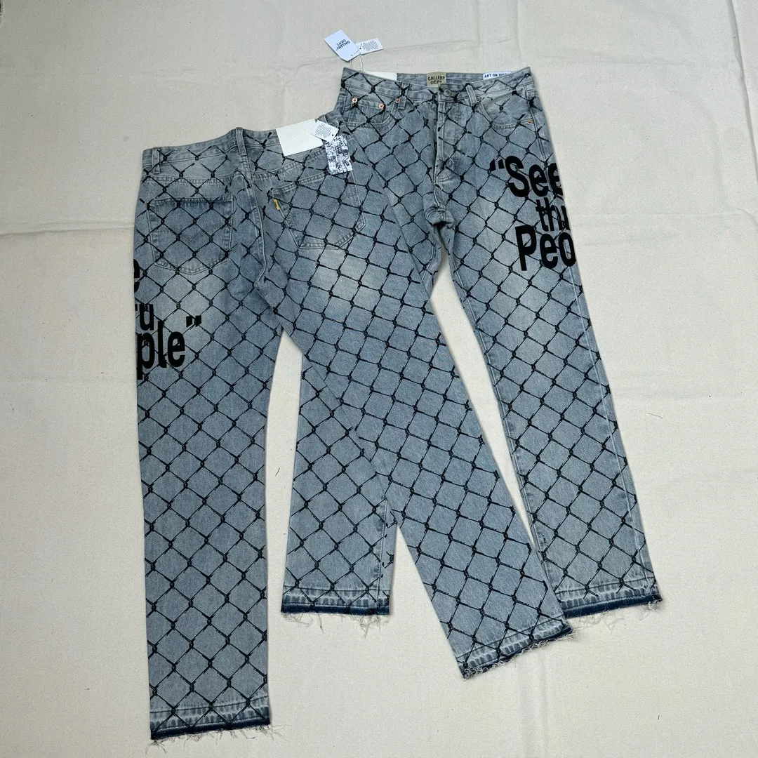 -Size upper body P240#G786 GALLERY DEPT. Steel mesh letter printed slim jeans jeans casual group trendy American slim men's and women's trousers Color: blue Size: S-XXL (corresponding to 28-36)